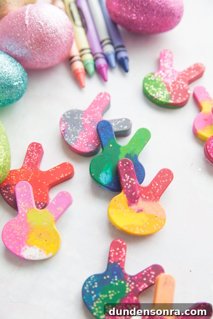 Crayons melted into the shape of bunnies with glitter in them. 