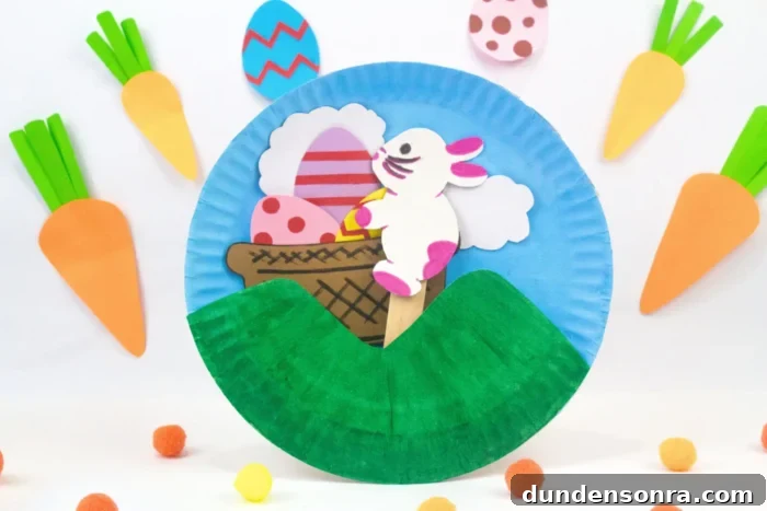 Paper plate with scene of a bunny and a basket of eggs. 