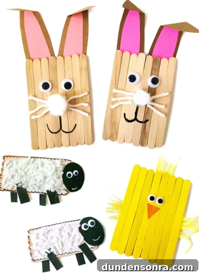 Popsicle stick crafts in the shape of bunnies, sheep and chicks. 