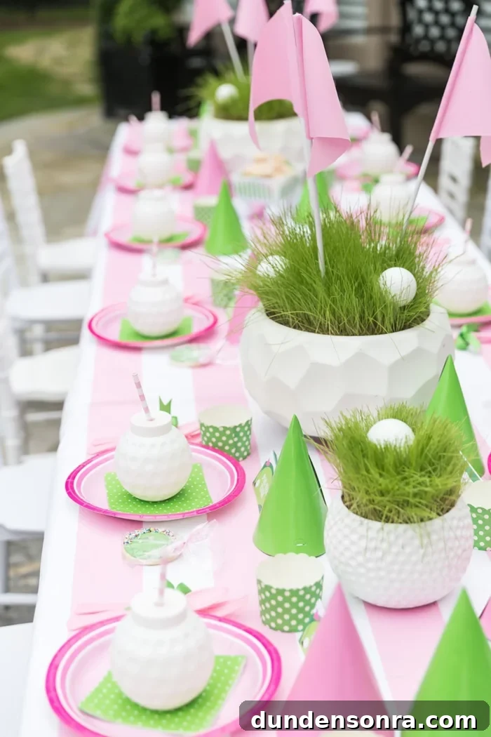 Table set with golf-themed items. 