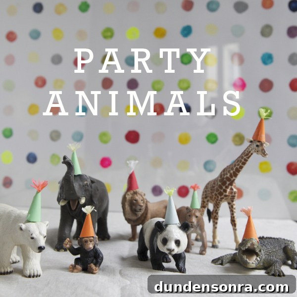 Little animal figurines with mini party hats on them and the text says "party animals"