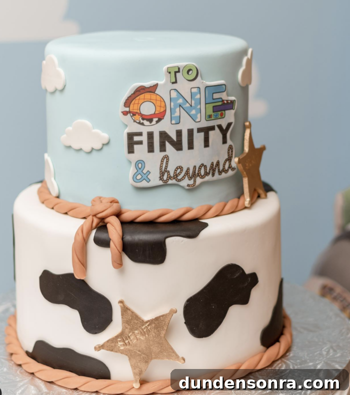 Toy story cake with the words "to one-finity and beyond" on it. 