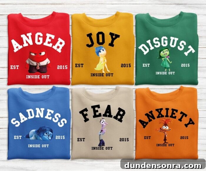 Six sweatshirts with the six emotions from Inside Out. 