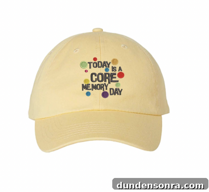 Yellow hat with text "today is a core memory day". 