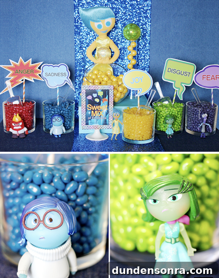 Inside out themed table with different colored jelly beans in glass containers. 