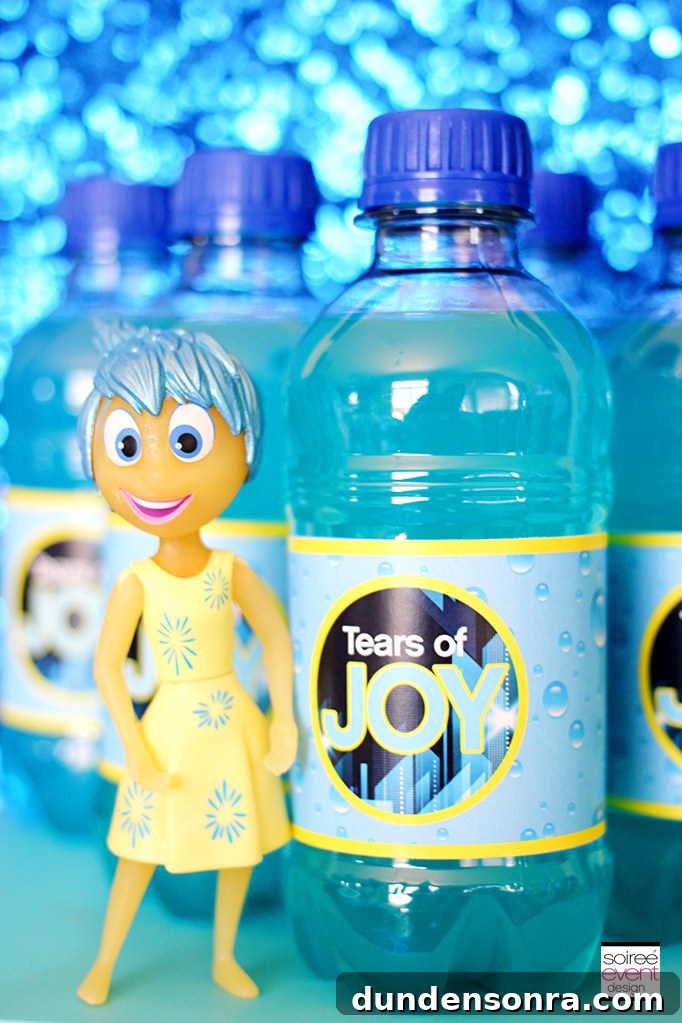 Juice labeled as Tears of Joy next to a figure of Joy from Inside Out. 