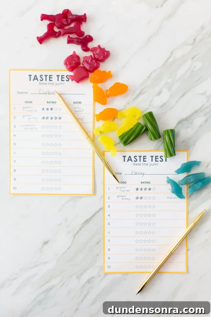 Taste Test Party Gummies on a counter next to papers that say "taste test".