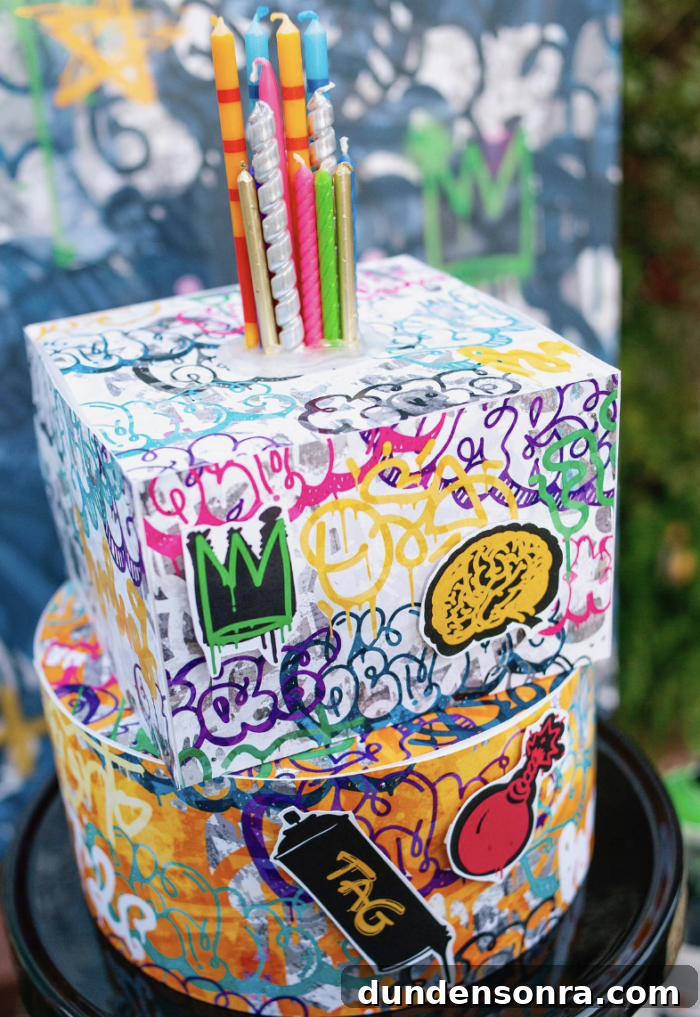 Graffiti Party Two boxes covered in graffiti stacked on top of each other with birthday candles on top.