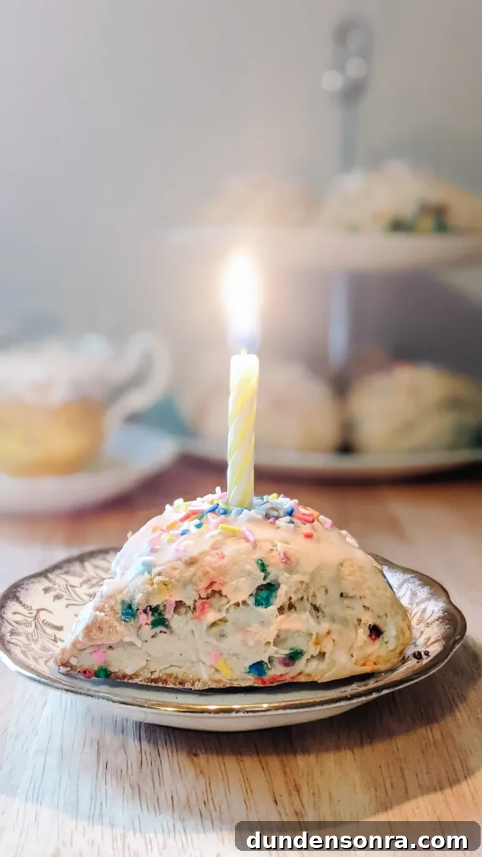 Tea Party Scone with sprinkles and a birthday candle on top.