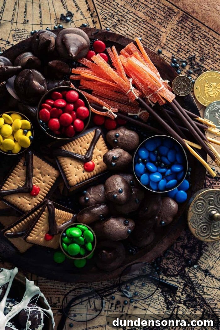 Harry Potter Party Dessert board with Harry Potter themed treats.