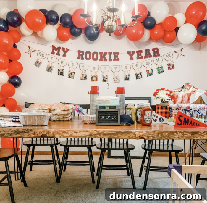 My Rookie Year Birthday Party Sports themed birthday party with a banner saying "my rookie year".