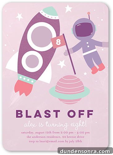 Blast Off Party Birthday invitation with text "blast off" and animation of rocket and astronaut.