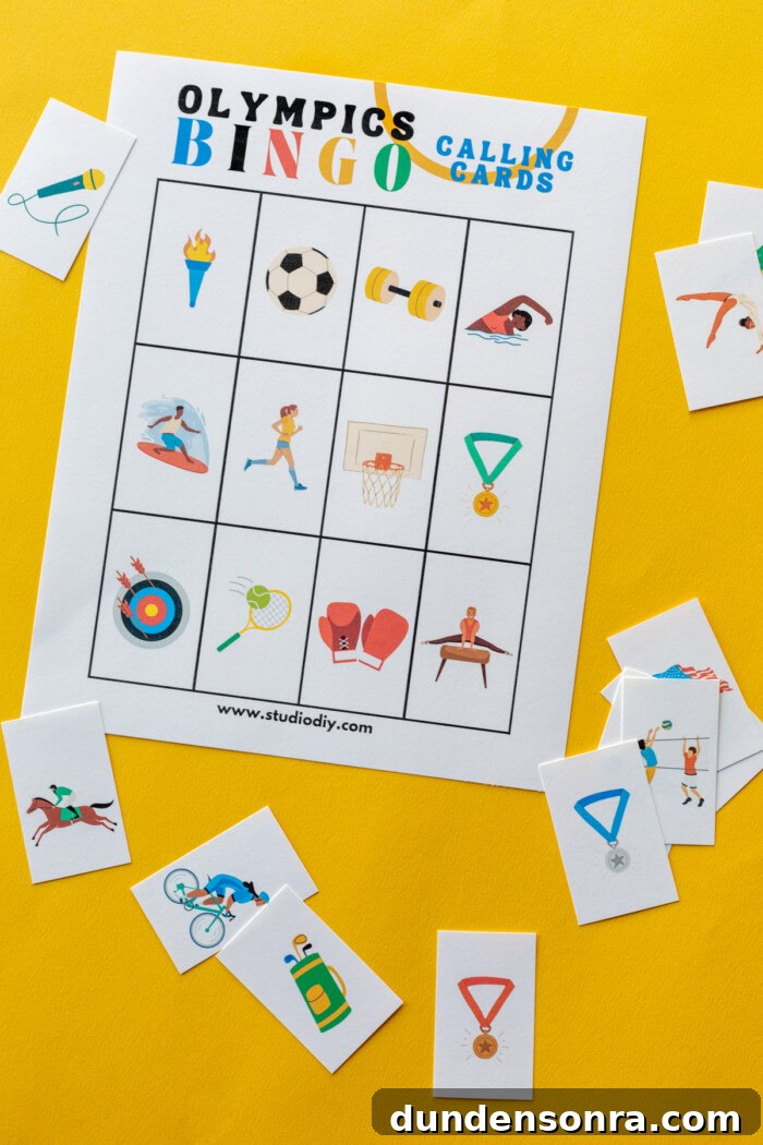 Olympics Bingo calling cards with some of the cut out. 