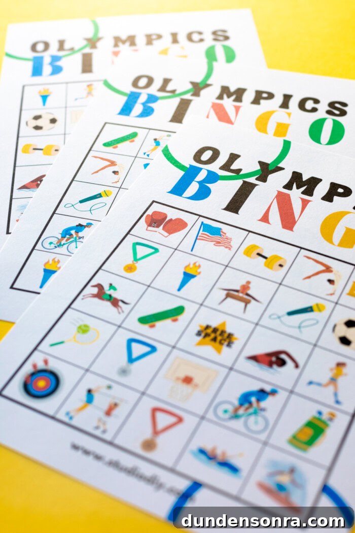 Close up shot of three Olympic bingo cards. 