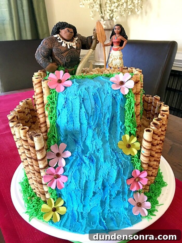 Moana Waterfall Cake Birthday cake in the shape of a waterfall topped with Moana characters.