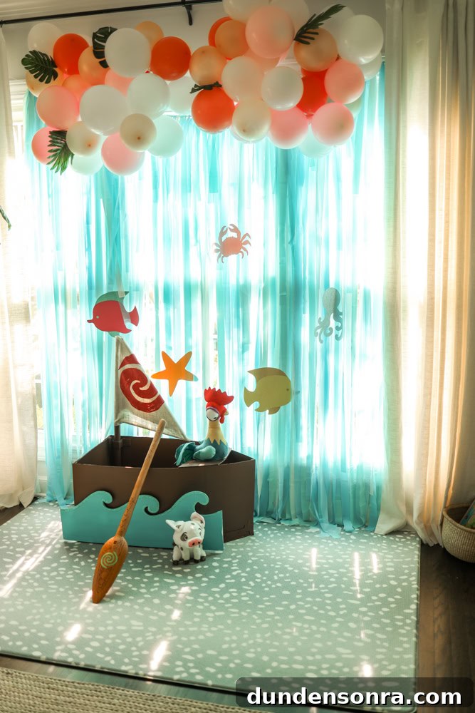 Moana Boat Photo Booth Photo booth with a Moana boat scene.