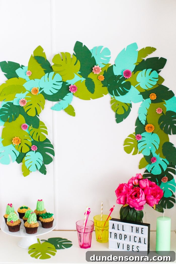 Tropical Garland Decoration Tropical garland above a party table.