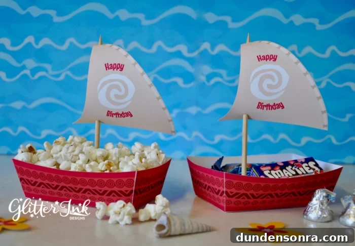 Moana Snack Boats Two cardboard Moana-themed snack boats.