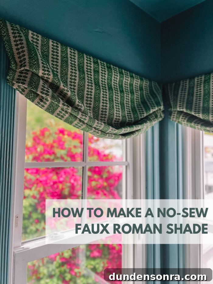 How To Make A NoSew Faux Roman Shade text over photo of roman shade