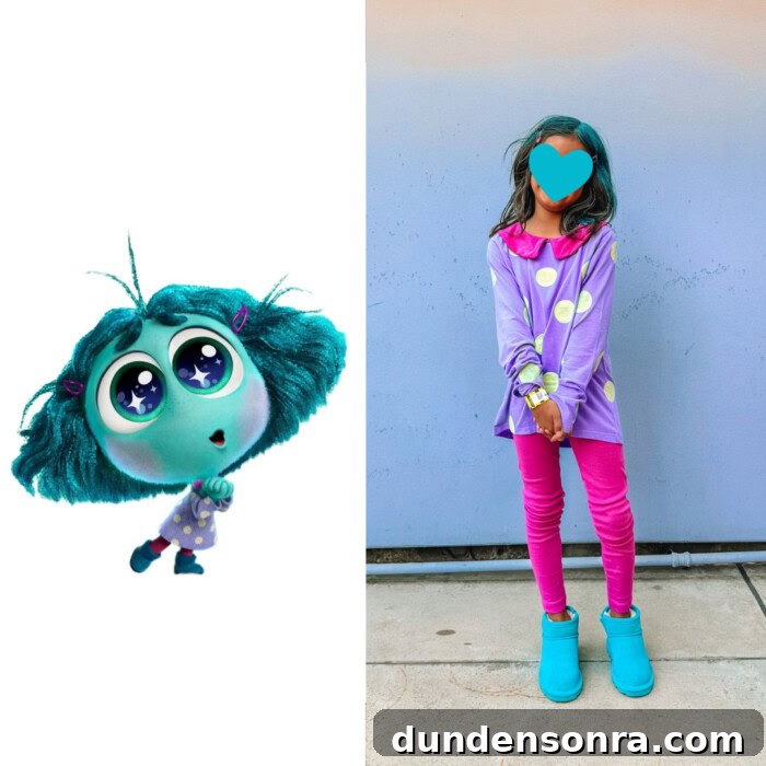 Side by side of Envy and child in costume from Inside Out 2