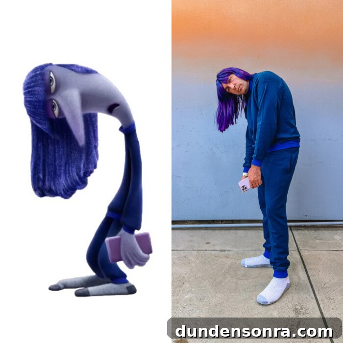 Man in Ennui costume from Inside Out 2 side by side with Ennui character