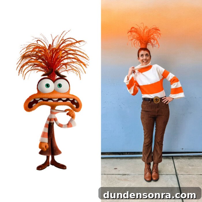 side by side of Anxiety and costume from Inside Out 2