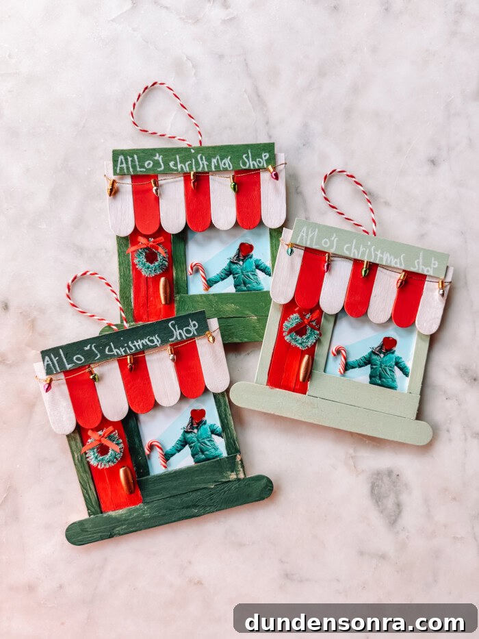 DIY Popsicle Stick Storefront Ornaments: Charming Mini Shop Decor 2 Popsicle Stick Storefront Ornaments on Marble