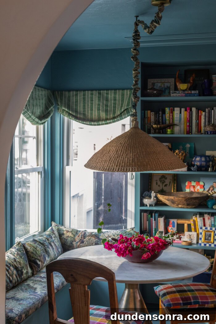 Blue Dining room with rattan pendant lamp