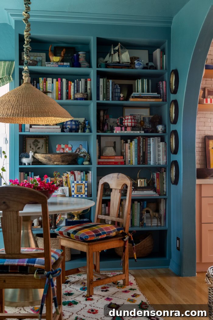 dining room with bold colors and blue walls